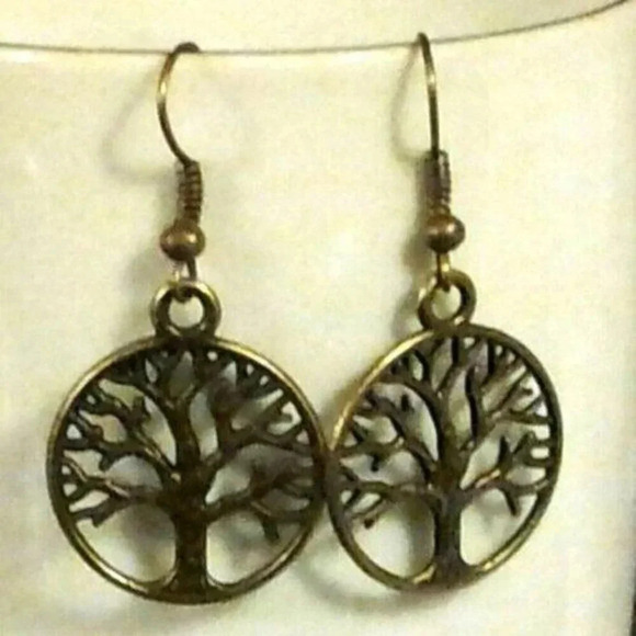 Antique Brass Steampunk Victorian New Age Tree of Life Earrings - Picture 1 of 1